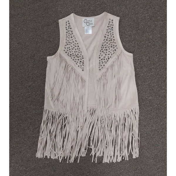 CR191 Cripple Creek Women's Studded Fringe Microsuede Vest - Beige