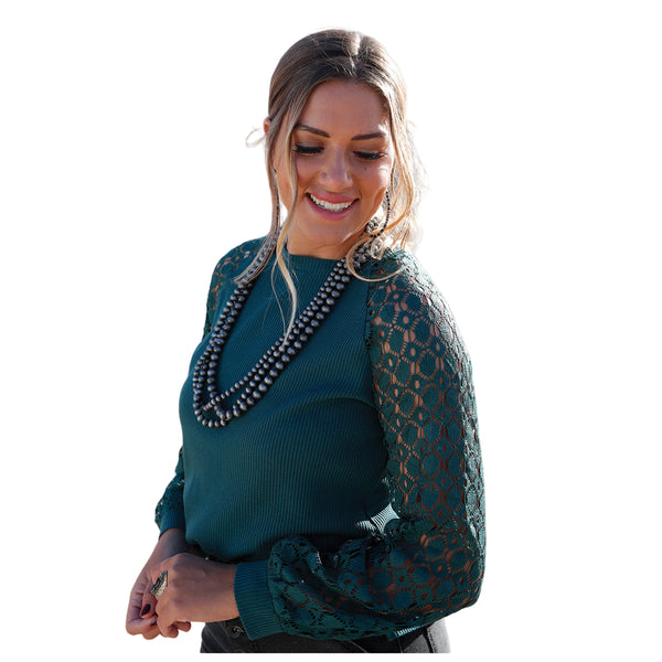 CTK7493003 Cruel Girl Women's Knit Top with Crocheted Sleeves - Forest