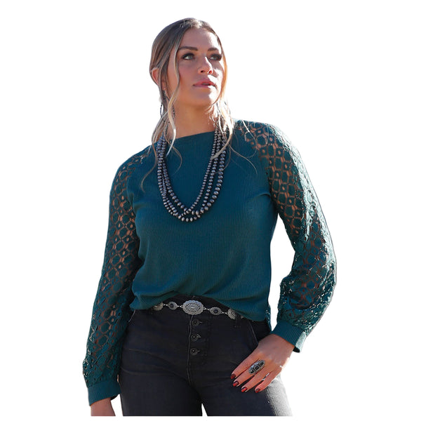 CTK7493003 Cruel Girl Women's Knit Top with Crocheted Sleeves - Forest