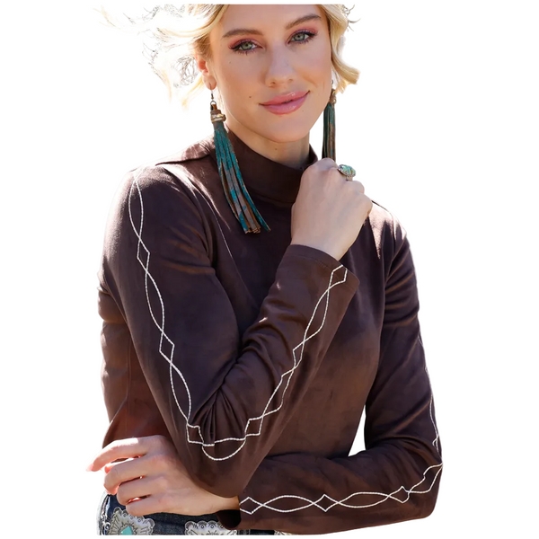 CTK7549001 Cruel Girl Women's Faux Suede Long Sleeve Top - Brown
