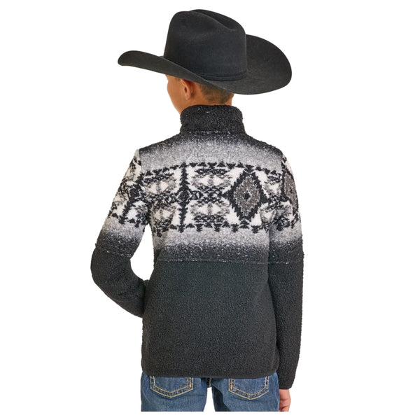 DB91C06185 Panhandle Slim Boy's Border Print Fleece Pullover - Black