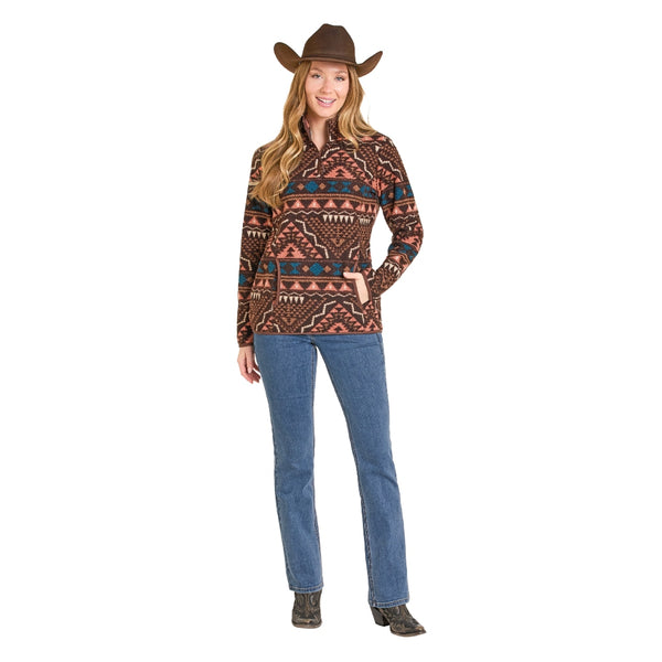 DW91C06864 Panhandle Slim Powder River Women's Aztec Berber 1/4 Zip Pullover - Chocolate