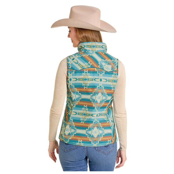DW98C06848 Panhandle Slim Powder River Outfitters Women's Aztec Reversible Quilted Vest - Turquoise