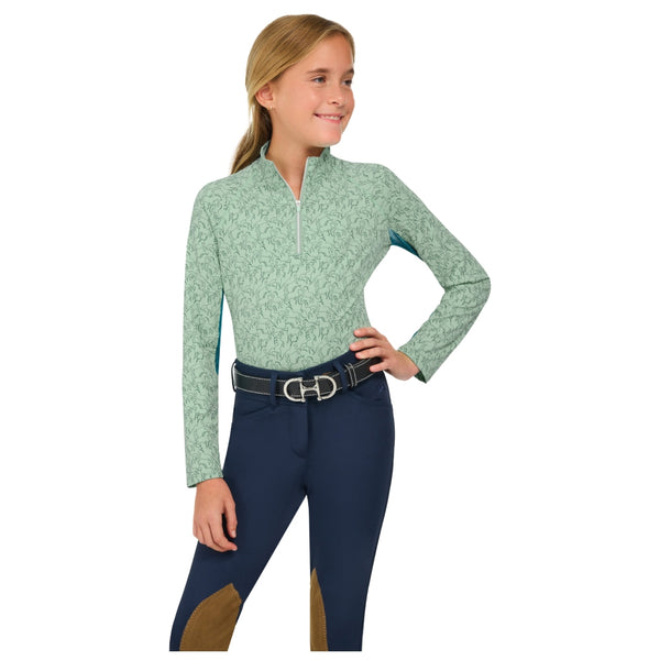 LBJ843 RJ Classics Girls Libby Jr Quarter Zip Schooling Shirt - Green Paddock Play Print