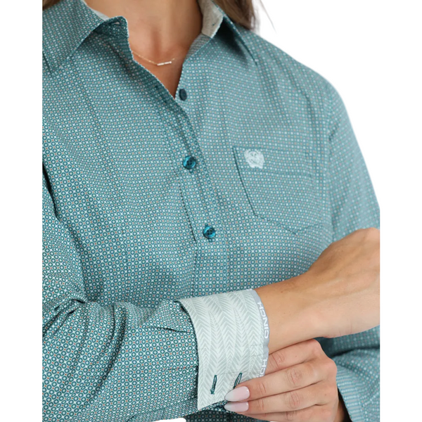 MSW9164276 Cinch Women's Long Sleeve Western Button Up Shirt - Teal Print