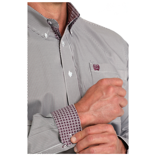MTW1105917 Cinch Men's Tencel Striped Button Down Western Shirt - Burgundy & White
