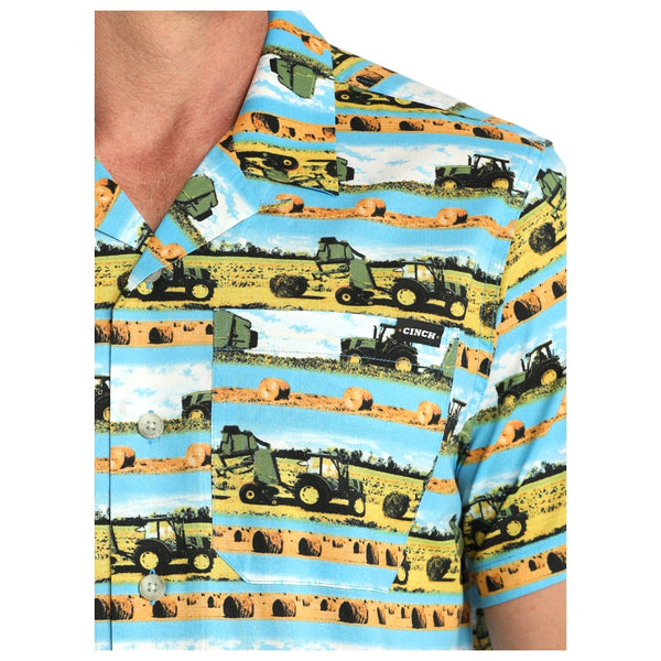 MTW1401050 Cinch Men's Hayin' Season Short Sleeve Camp Shirt - Green Tractor Print