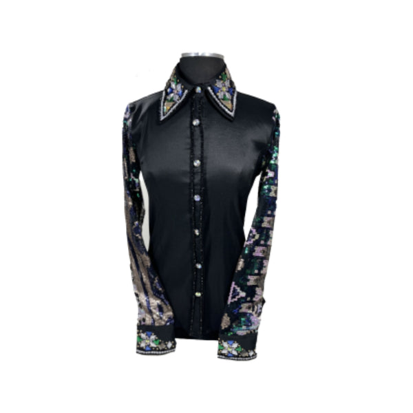70332 Royal Highness Women's Taffeta Show Shirt with Sheer Sleeves - Black
