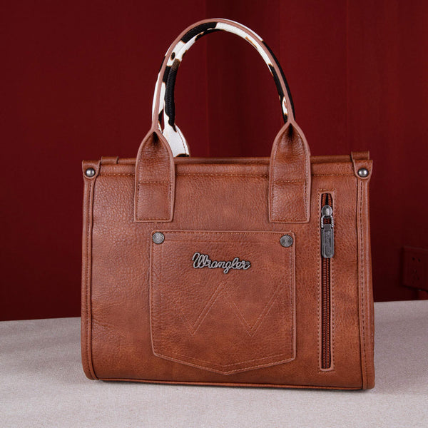 WG102-8120S Wrangler Cow Print Concealed Carry Tote Crossbody Bag - Brown