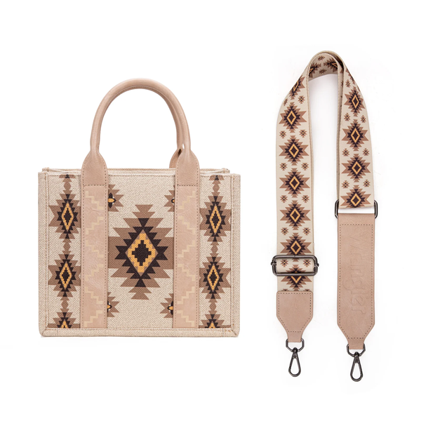 WG226-8120STN Wrangler Southwestern Pattern Dual Sided Print Tote Crossbody Bag - Tan