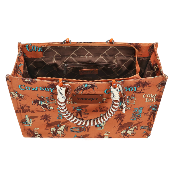 WG284D-8119 Wrangler Cowboy Dual Sided Print Canvas Wide Tote - Brown