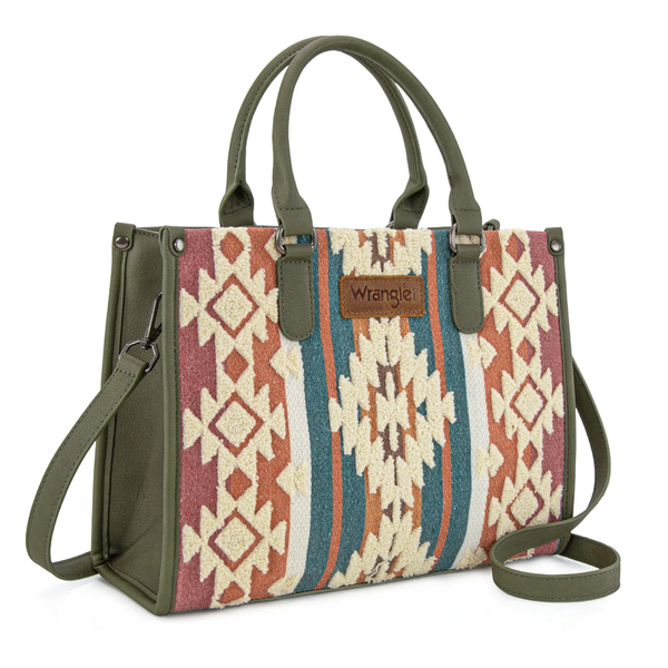 WG313-8119GN Wrangler Sherpa Aztec Canvas Tote Crossbody Purse - Green