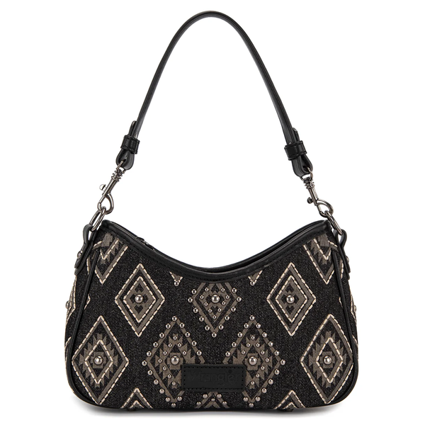 WG435-8182BK Wrangler Aztec Studded Denim Shoulder Bag with Mini Pouch - Black