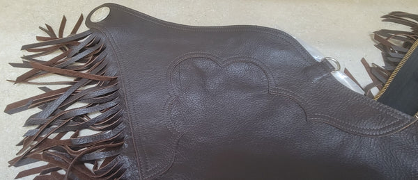 Custom Wire Horse Brown Smooth Leather Chaps with Fringe- Size XL Long