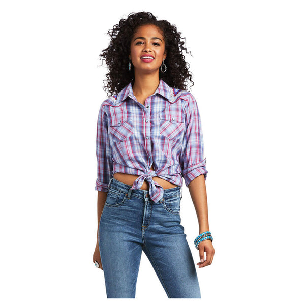 10039846 Ariat Women's Real Cornflower Long Sleeve Snap Shirt - Cornflower Plaid