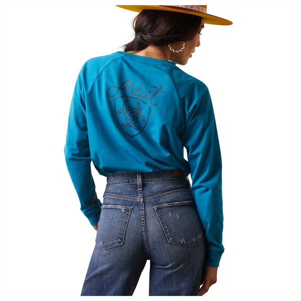 10043411 Ariat Women's Ropey Shield Long Sleeve Graphic Tee - Mosaic Blue