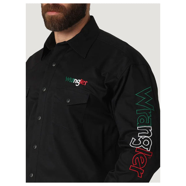 112317124 Wrangler Men's Long Sleeve Mexico Logo Snap Shirt - Black