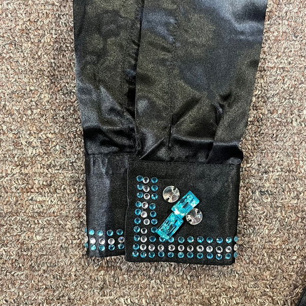 70020BLACK Royal Highness Poly Satin Show Shirt w/Stones Concealed Zipper Faux Button Placket