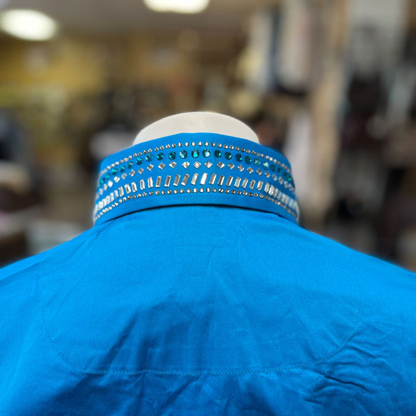 70081Turq Royal Highness Sateen Show Shirt w/Stones Concealed Zipper Faux Button Placket