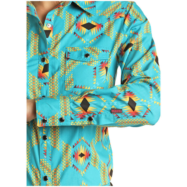 B4S3337 Rock & Roll Denim Junior's Dale Brisby Aztec Print Long Sleeve Western Snap Shirt