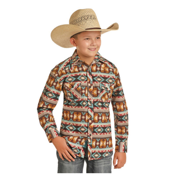 B8S7079 Rock & Roll Boy's Dale Brisby Aztec Print Long Sleeve Snap Shirt - X-Large