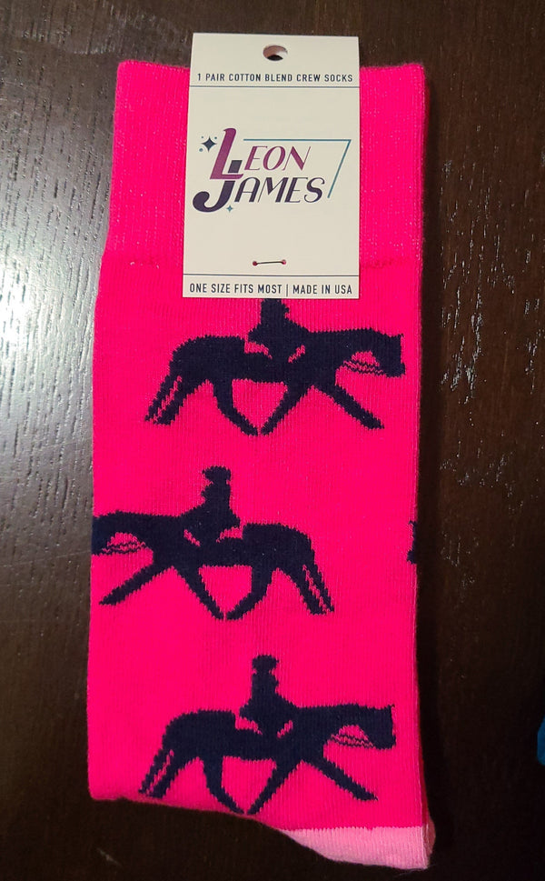 Leon James English Horse and Rider Pink Crew Socks - Made in USA