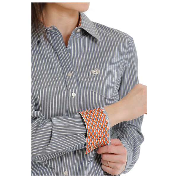 MSW9164196 Cinch Women's Long Sleeve Striped Button Shirt -Blue & White