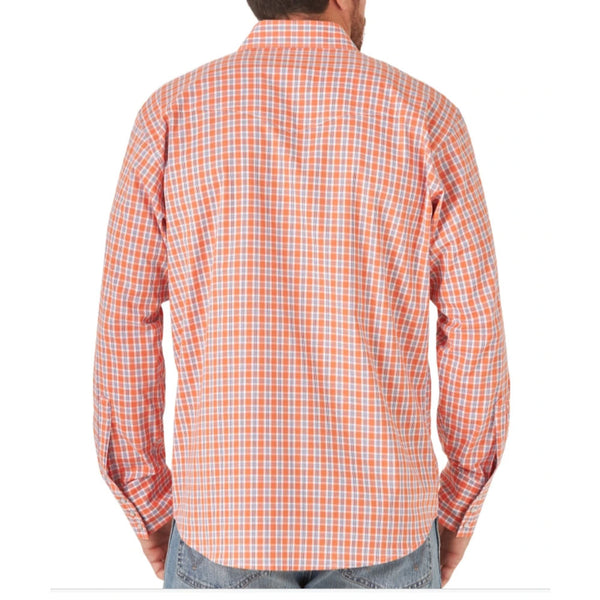 MWR399O Wrangler Men's Orange Plaid Wrinkle Resistant Stretch Long Sleeve Western Snap Shirt
