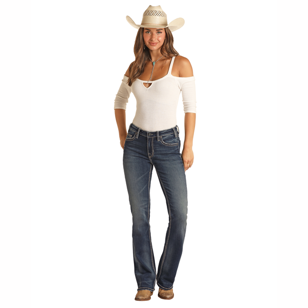 RRWD4MR0XP Rock & Roll Denim Ladies Midrise Boot Cut Jean Extra Stretch with Cow Print Pocket Flap