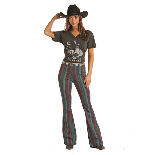 RRWD6PR0GD Rock & Roll Cowgirl Pull On Bargain Bell Flares - Evergreen Burgundy Stripe