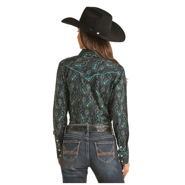 RRWSOSRZ13 Rock & Roll Cowgirl Paisley Print Western Snap Shirt - Teal