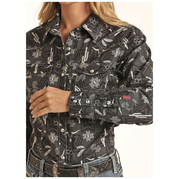 RRWSOSRZ19 Rock & Roll Cowgirl Black Western Images Snap Shirt - Charcoal