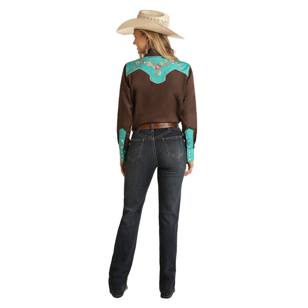 WLWSOSR0U0 Panhandle Ladies Embroidered Retro Snap Shirt - Chocolate and Turquoise