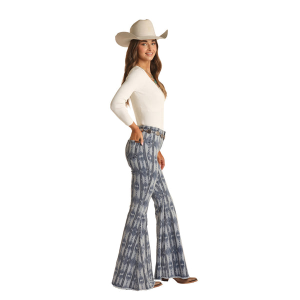 RRWD7PRZRF Rock & Roll Women's Blue Aztec High Rise Bargain Bell Bottom Flare Jeans