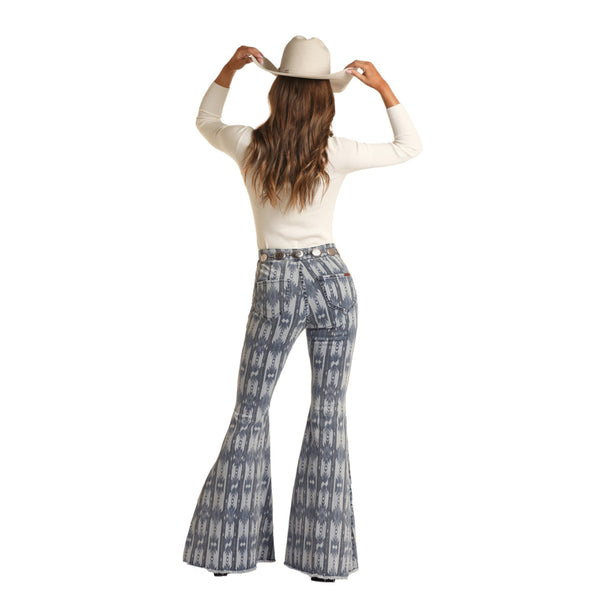 RRWD7PRZRF Rock & Roll Women's Blue Aztec High Rise Bargain Bell Bottom Flare Jeans