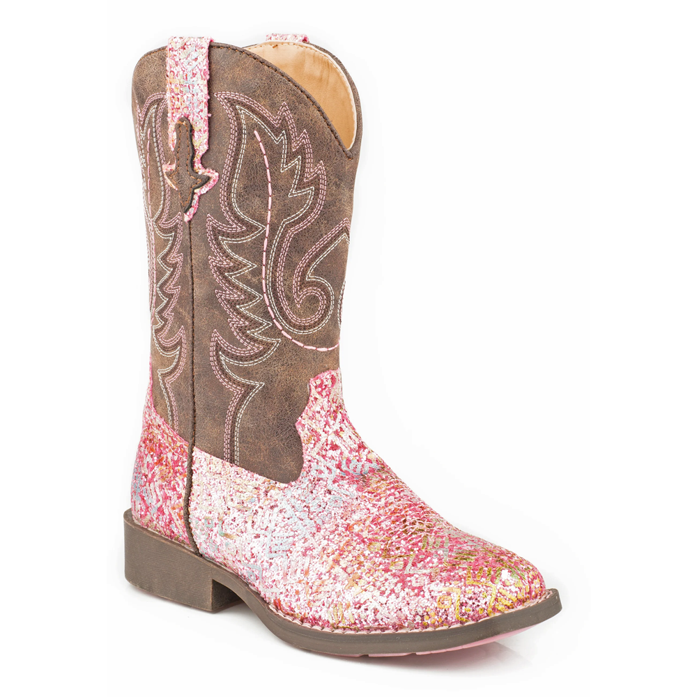 09-018-1225-2062 Roper Children's Pink Southwest Glitter Square Toe Cowboy Boots