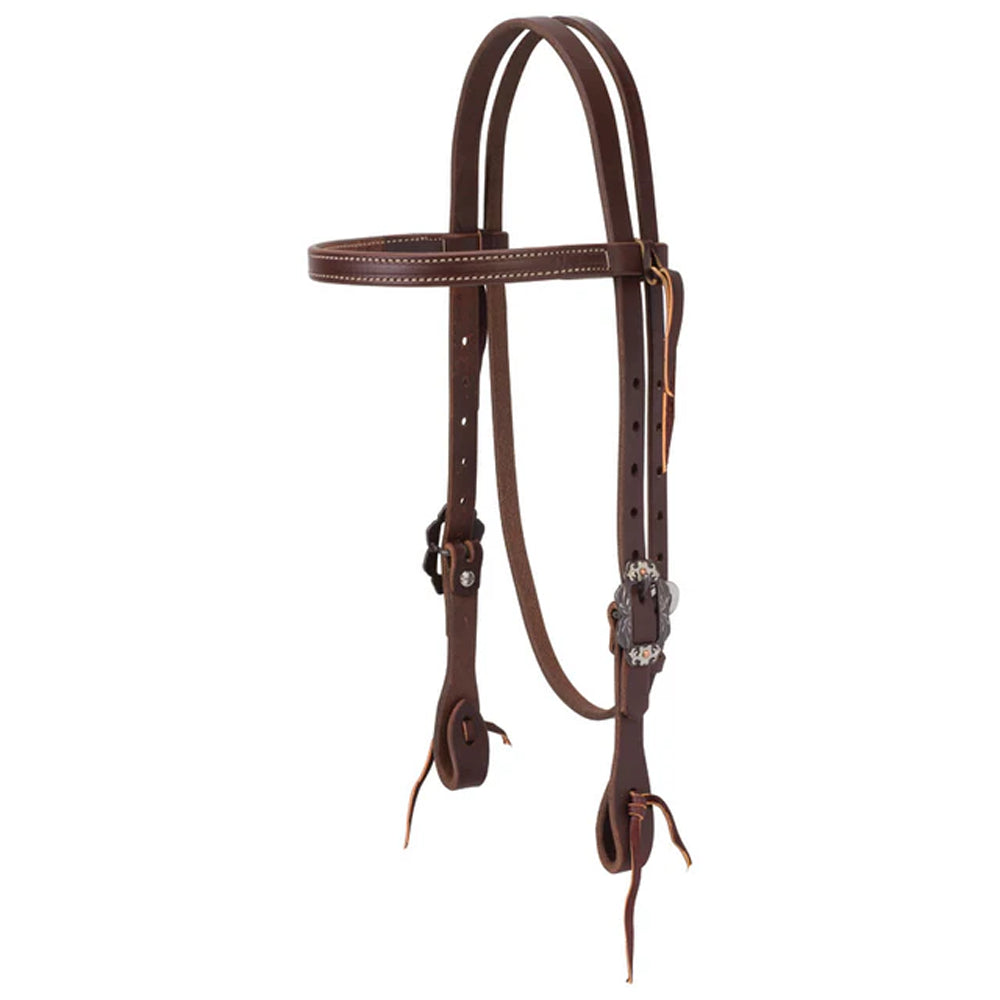 10-0599 Weaver Leather Working Tack Straight Browband Headstall with Buffed Brown Floral Buckles - Brown
