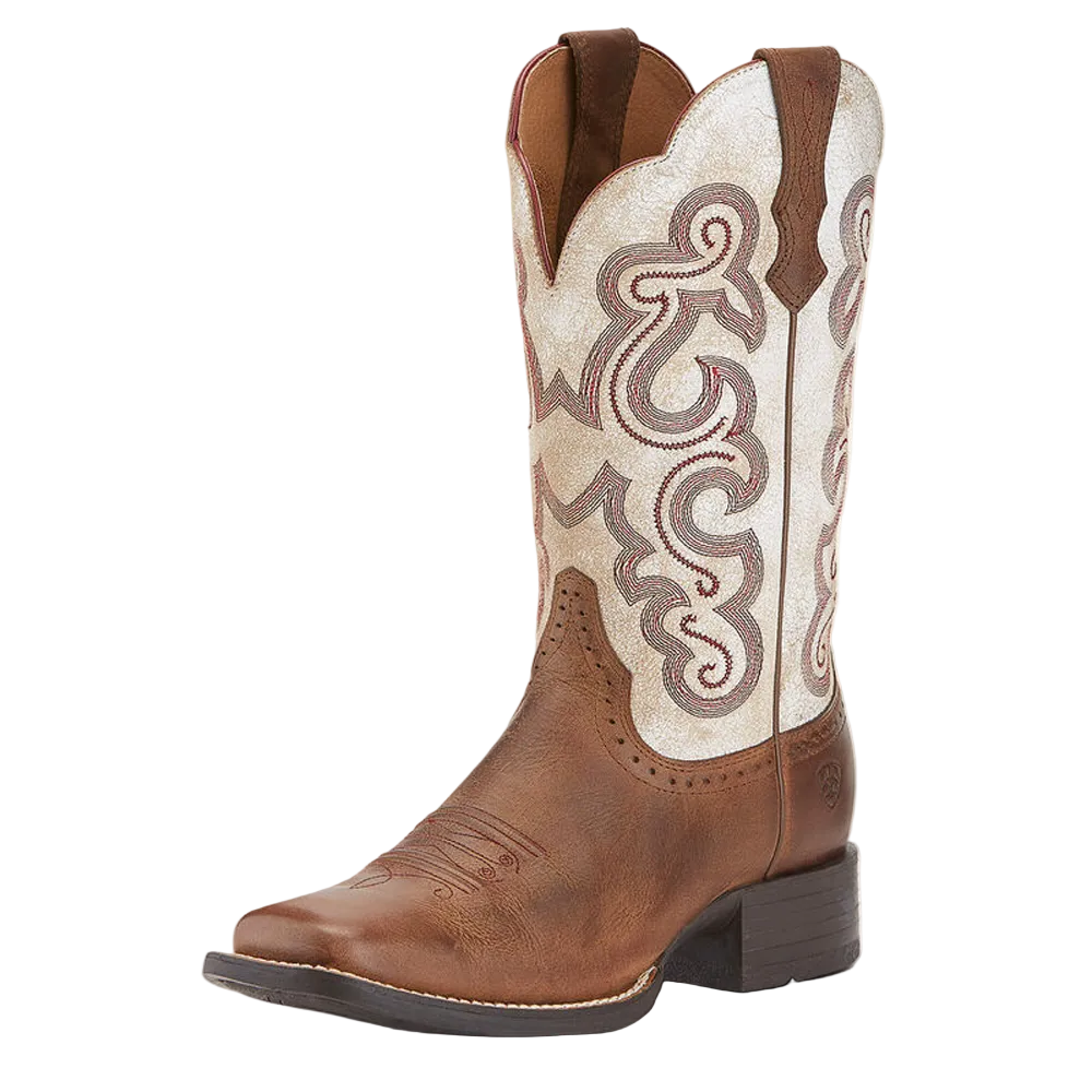 10015318 Ariat Women's Quickdraw Wide Square Toe Western Cowboy Boots -Sandstorm/Distressed White