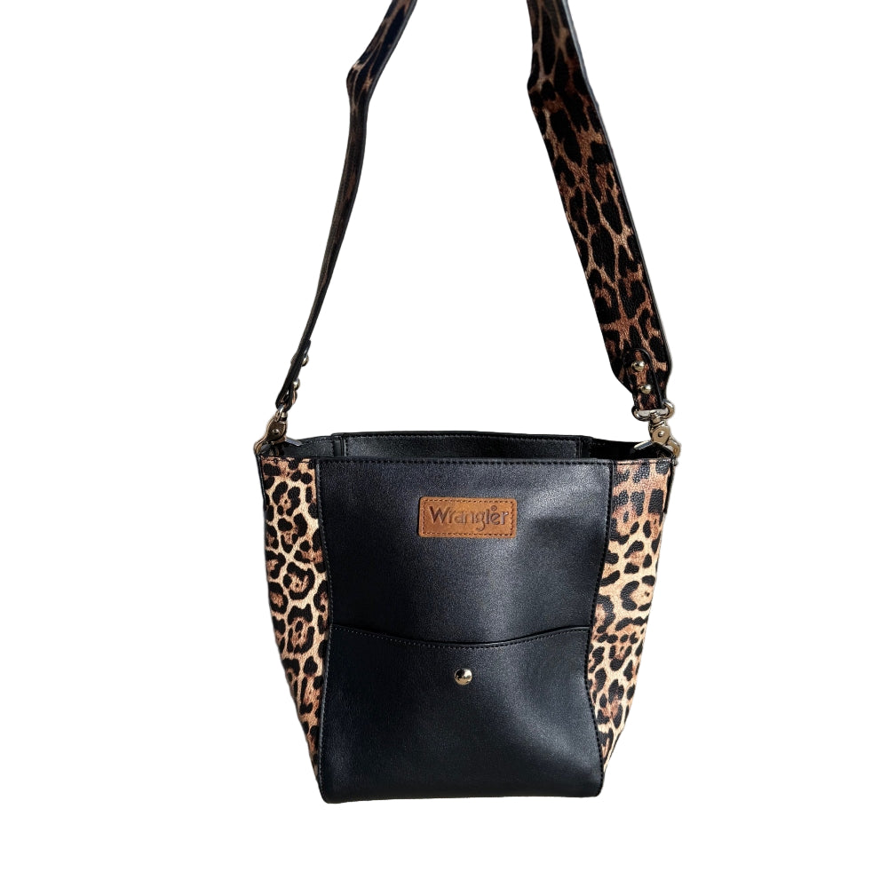 WRS-1021 Wrangler 2 Tone Color Block Shoulder Bag / Crossbody Purse - Black & Leopard
