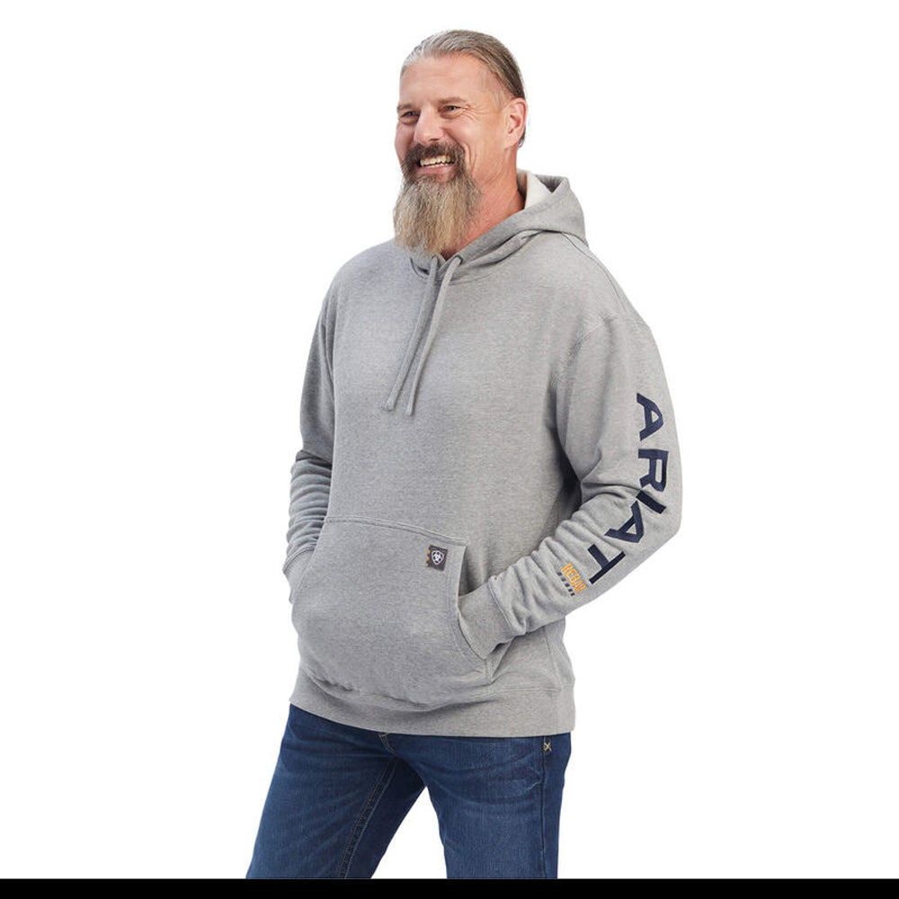 10041627 Ariat Men's Rebar Graphic Hooded Sweatshirt - Heather Grey / Ultramarine