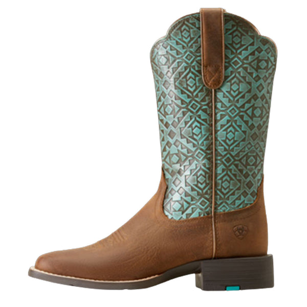 10046882 Ariat Women's Round Up Wide Square Toe Western Boot Old Earth/Turquoise