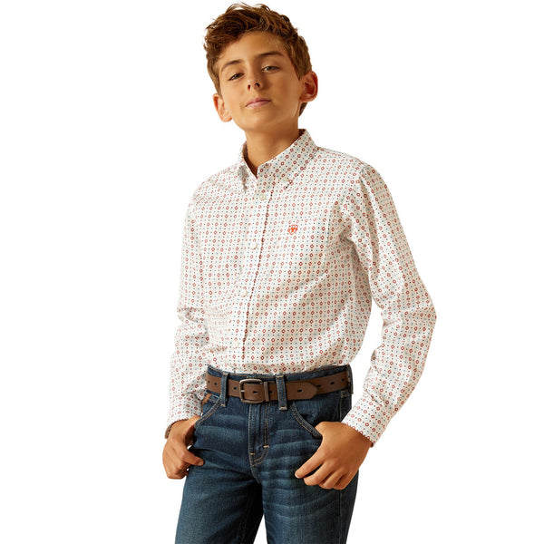10048661 Ariat Boys' Kade Classic Fit Long Sleeve Shirt - White with Southwest Print
