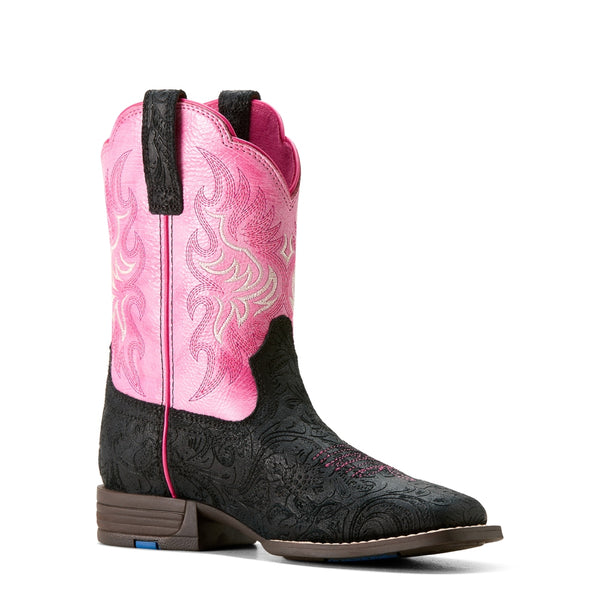 10053622 Ariat Youth Outrider Cowboy Boot - Black Floral Embossed / Painted Peony