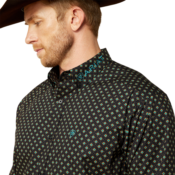 10062253 Ariat Men's Team Philbert Classic Fit Long Sleeve Button Down Shirt - Black Print/Teal
