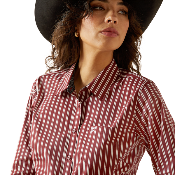 10062540 Ariat Women's Kirby Stretch Long Sleeve Button Shirt - Cabernet Stripe