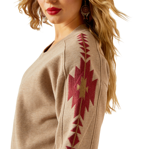 10062798 Ariat Women's Tatonka Long Sleeve Embroidered Sweatshirt - Brown Heather
