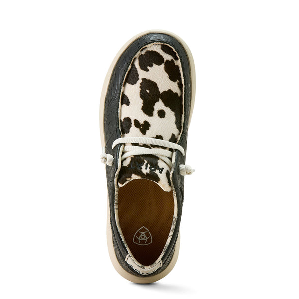 10063882 Ariat Women's Hilo Shoe - Black Floral Emboss with Hide on Cow Print