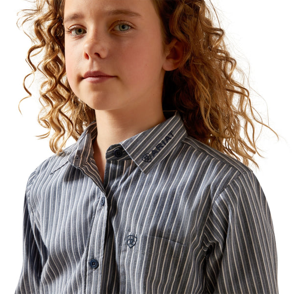 10065834 Ariat Girls' Team Kirby Long Sleeve Button Up Shirt - Dress Blue Stripe