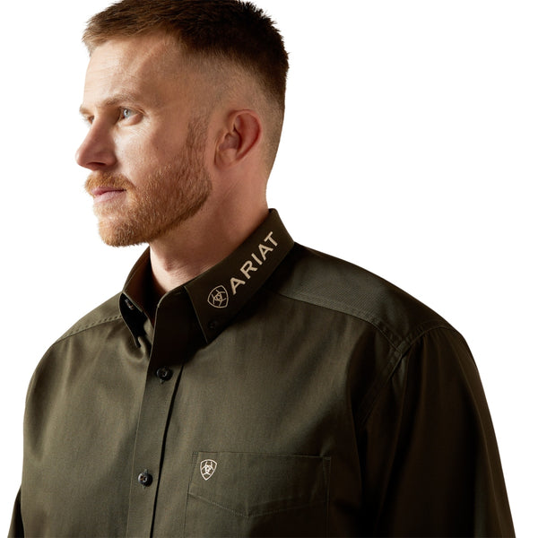 10065845 Ariat Mens Team Logo Twill Long Sleeve Shirt - Olive / Khaki