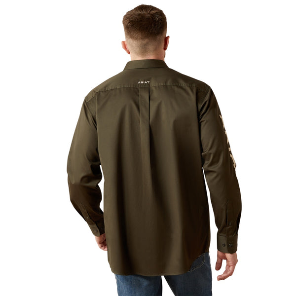 10065845 Ariat Mens Team Logo Twill Long Sleeve Shirt - Olive / Khaki